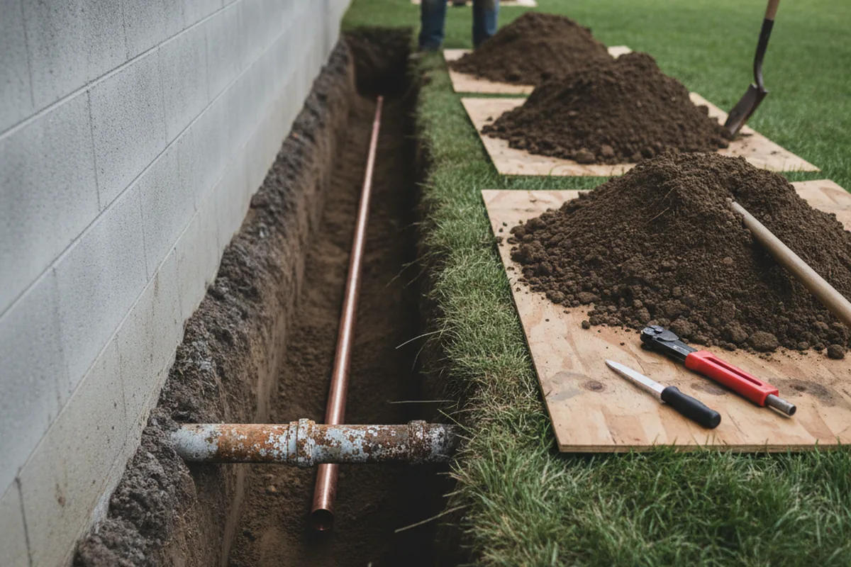 Excavated water line trench during Sewer Line Repair in Bledsoe